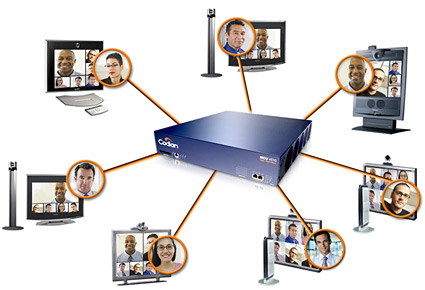 Video conferencing equipment in a modern meeting room showing multiple MCU connections